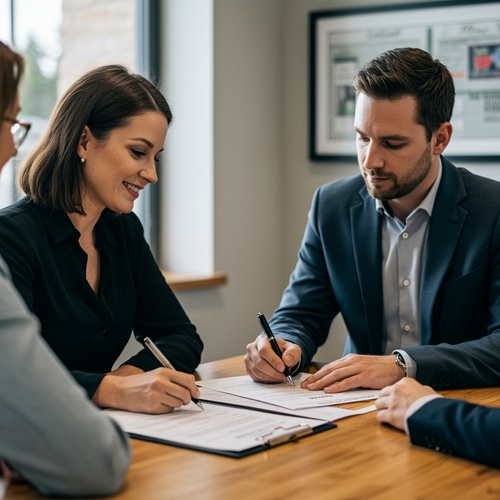 Business team reviewing and signing contracts
