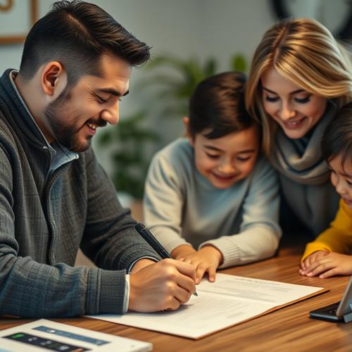 Family signing adoption papers with notary present