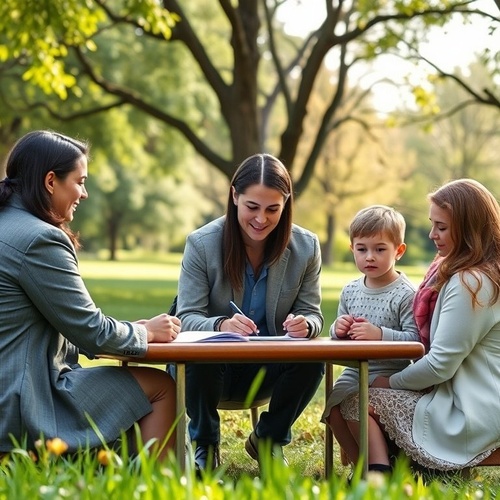 Notary meeting with family and child at park picnic table