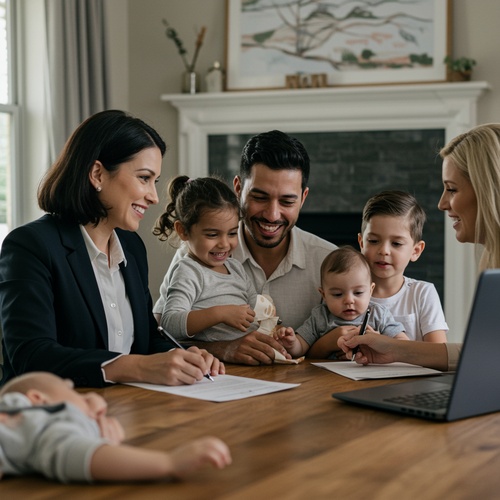 Family reviewing adoption paperwork with notary