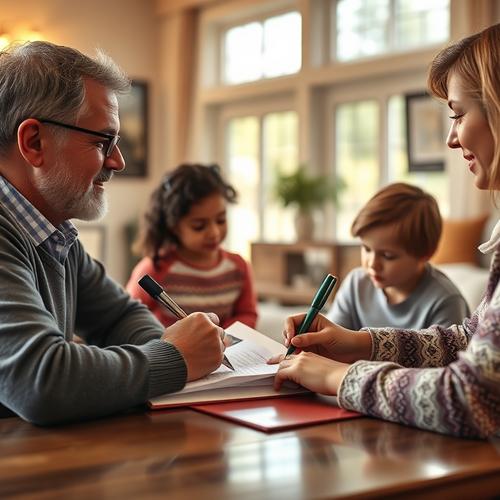 Family signing documents at home with notary, children nearby