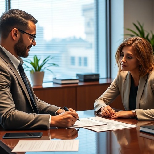 Business professionals signing corporate contract with notary present