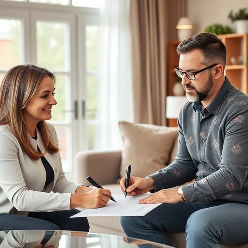 Mobile notary assisting real estate closing paperwork at office desk