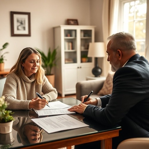 Couple signing real estate closing documents with mobile notary