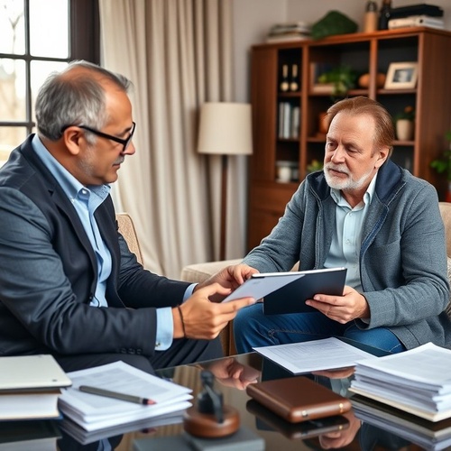 Advisor and client reviewing real estate documents in comfortable living room