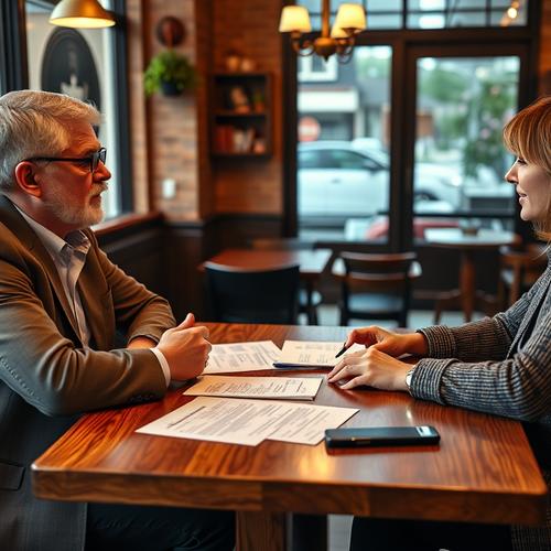 Two professionals reviewing documents at a table in a cozy cafe.