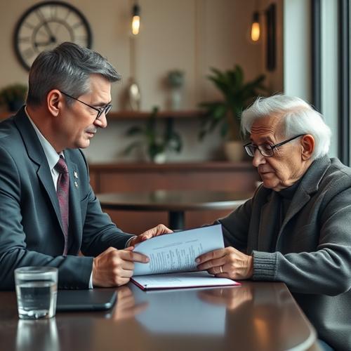 Attorney explaining documents to senior client in cafe